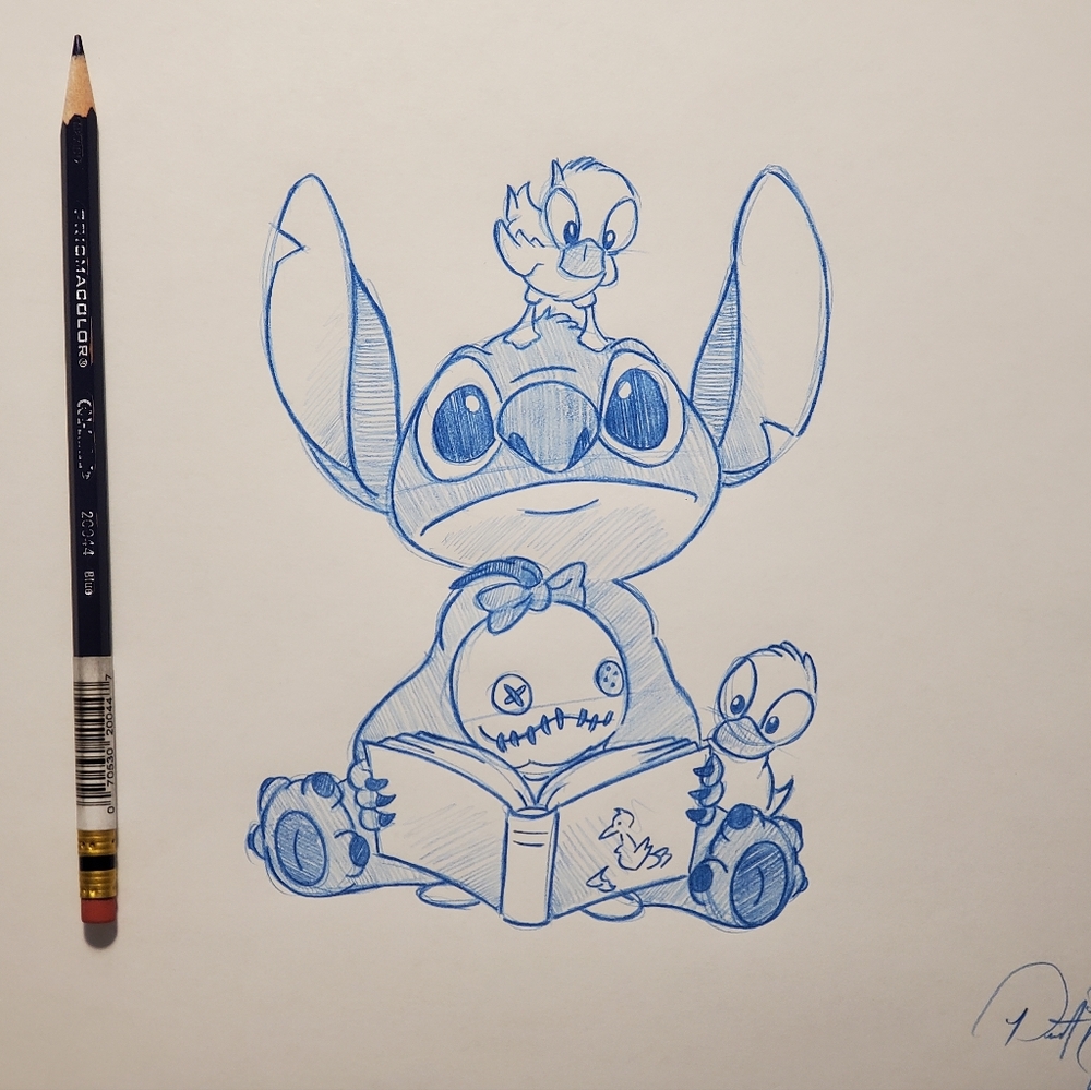 Disney Lilo and Stitch reading with ducks Drawing/sketch animation art signed